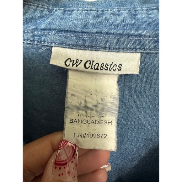 CW Classics Blue Denim Chambray Pintucked Roll Tab Sleeve Pockets Shirt Dress L - Picture 6 of 6